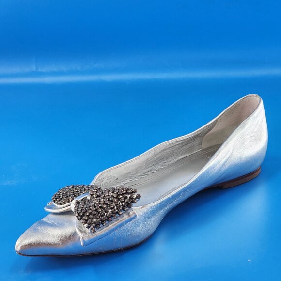 TORY BURCH Jeweled Rosalind Crystal Bow Metallic Silver Ballet Flat - Picture 4 of 7